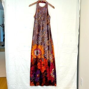 Maxi-length STUNNING boho vintage 1960s floral velour halter dress